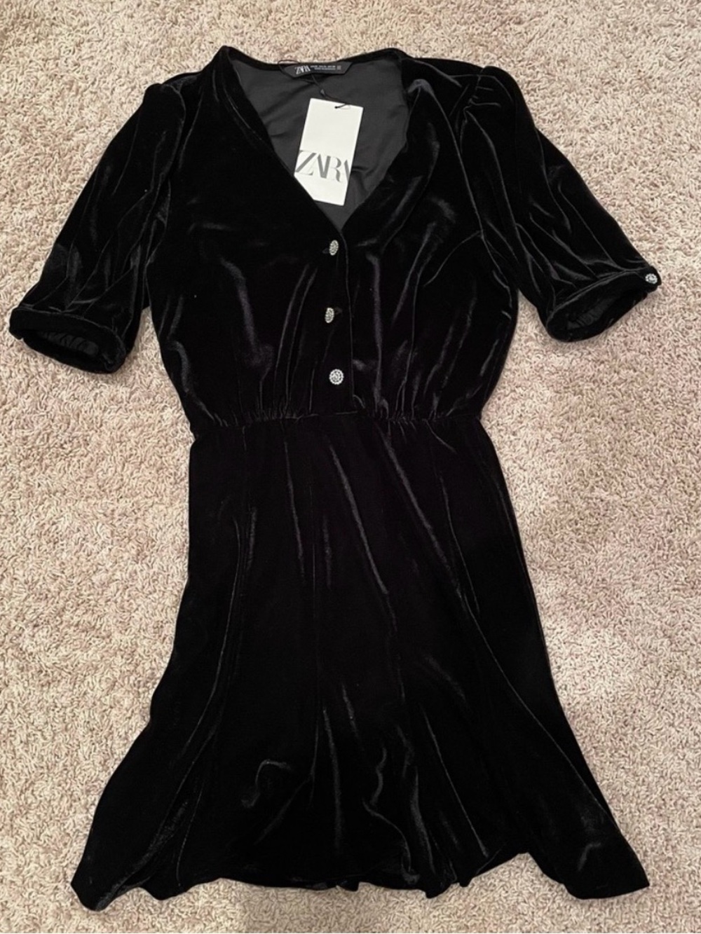 ZARA Black Velvet V-Neck Button Front Dress